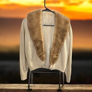 Vintage Genuine Fur Collar Elegant Cream Cardigan Women’s Size Medium Old Money